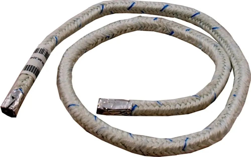 Kabelummantelung in Weiß mit blauen Markierungen, geeignet für Anwendungen von Wolf, dargestellt als aufgerolltes Produkt mit einer Endverarbeitung aus Metall.